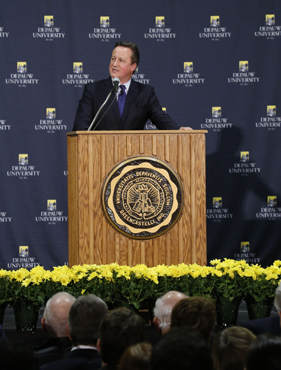 David Cameron behind the lecturn delivering an Ubben Lecture