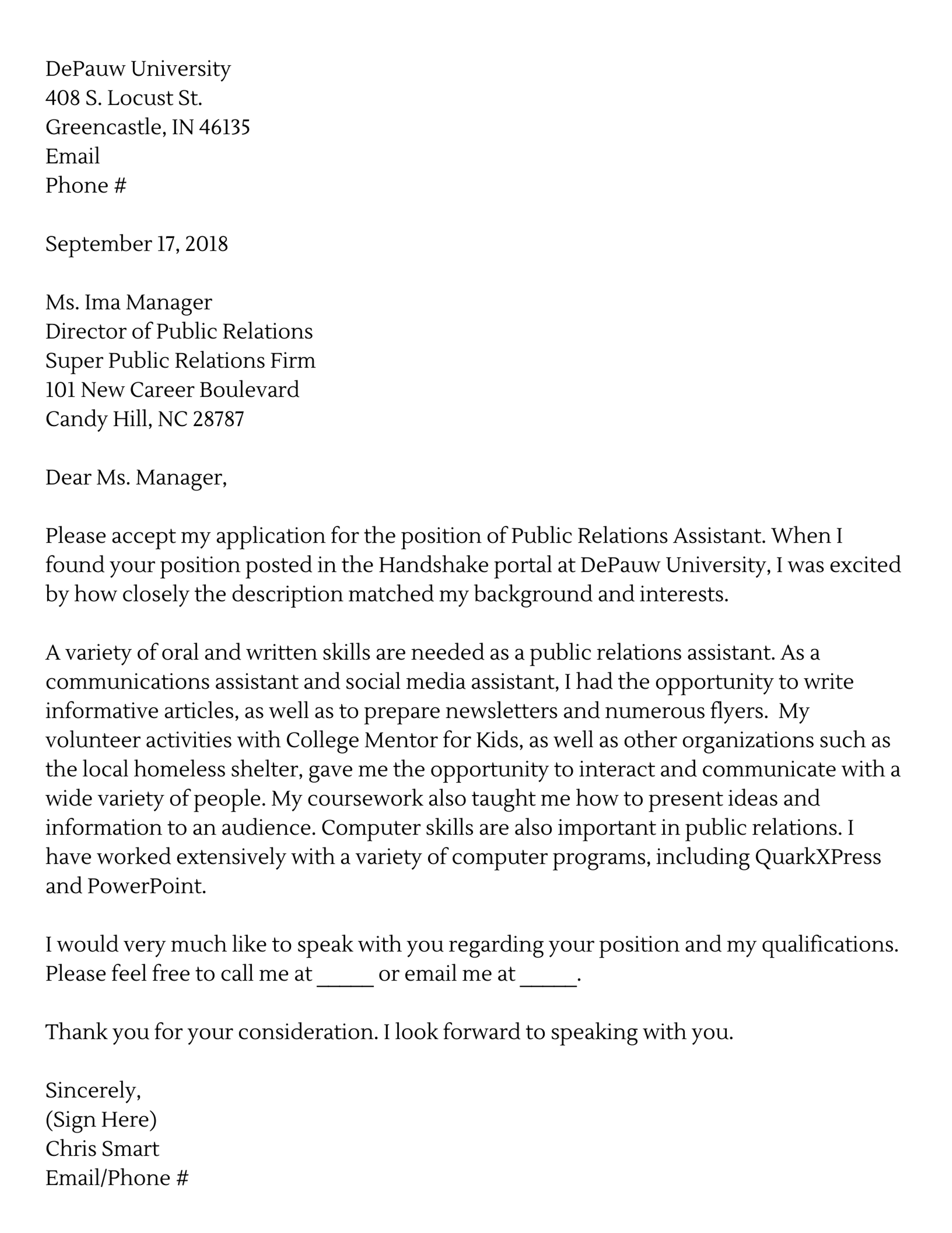 Cover Letters DePauw University