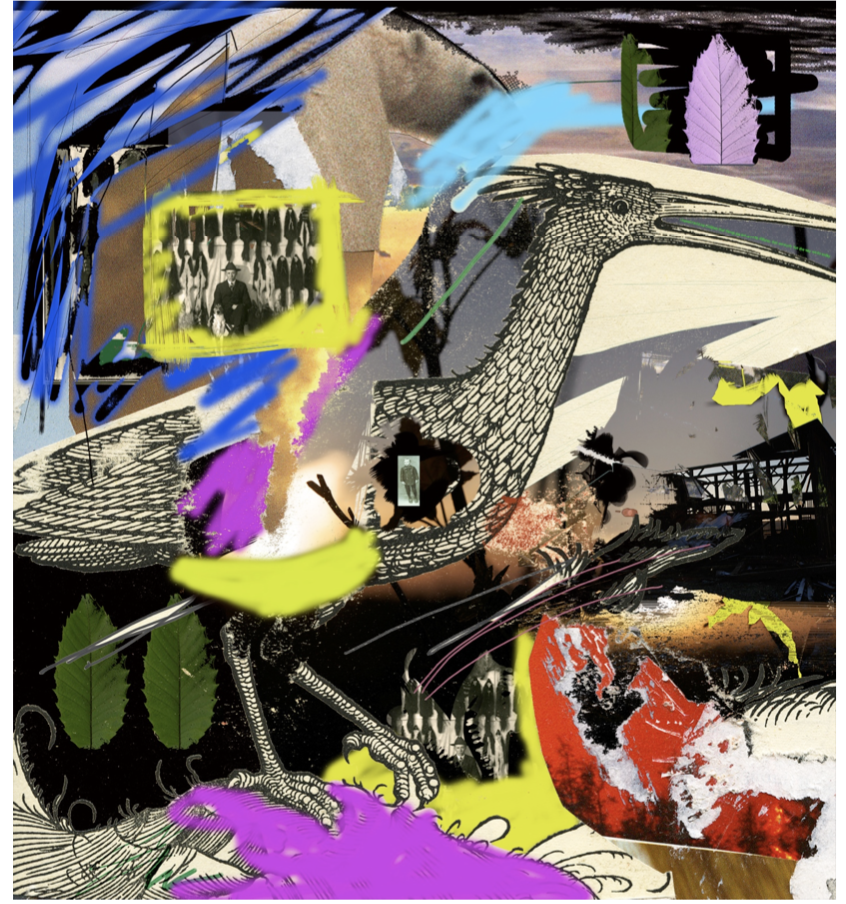 colorful collage by Prof. O'Dell with drawing of a bird, vintage photos, extinct animals and skeleton of a barn
