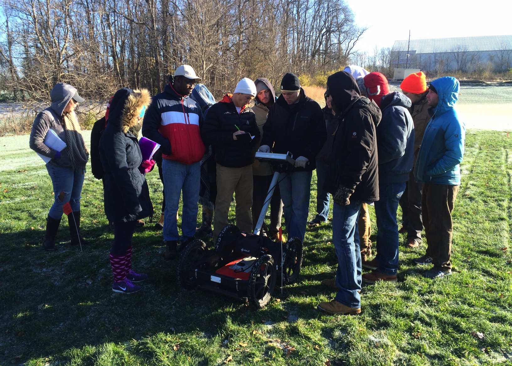 GEOS 380 Environmental Geophysics class mapping the subsurface features at the DePauw intramural field