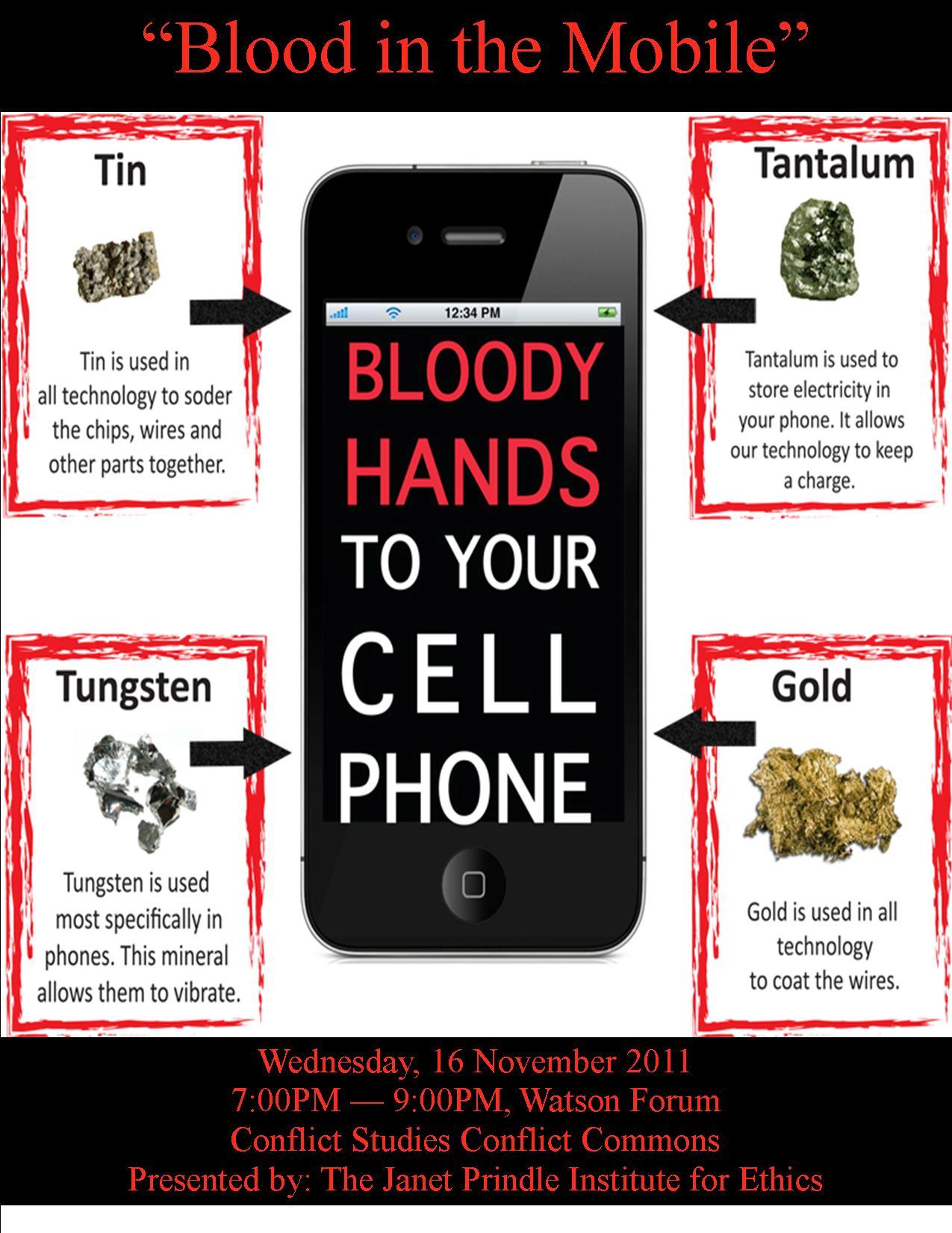 Poster for Blood in the Mobile with a cell phone and multiple minerals