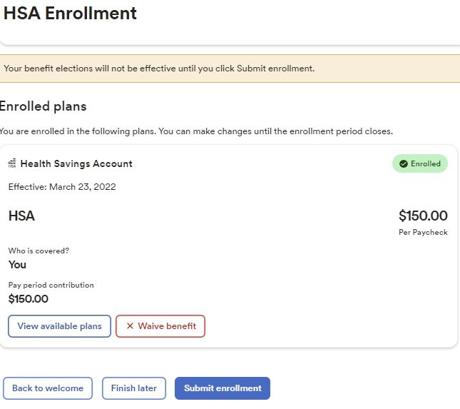 HSA Enrollment Available Plans screen