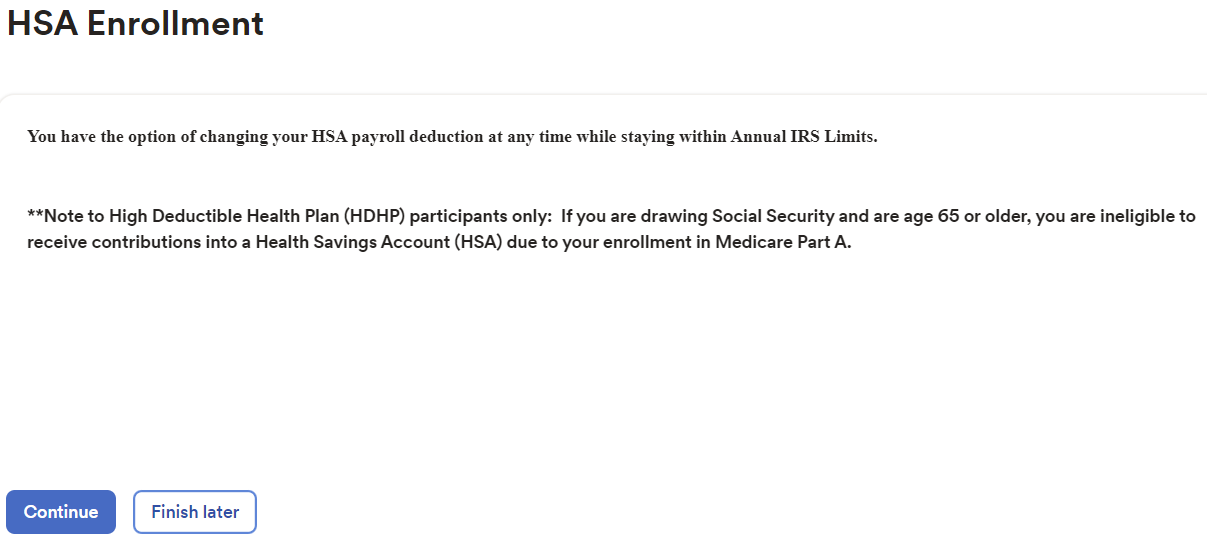 HSA Enrollment screen demonstrating a user who's opted to make changes