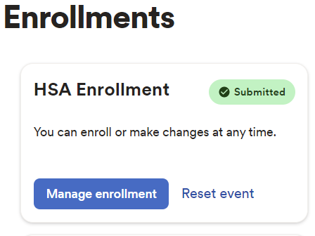 HSA Enrollments Submitted screen