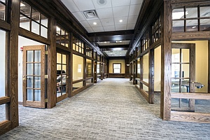 Hallway view of multiple spaces within the Hubbard Center