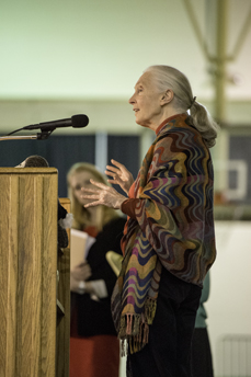 Side view of Jane Goodall delivering her Ubben Lecture