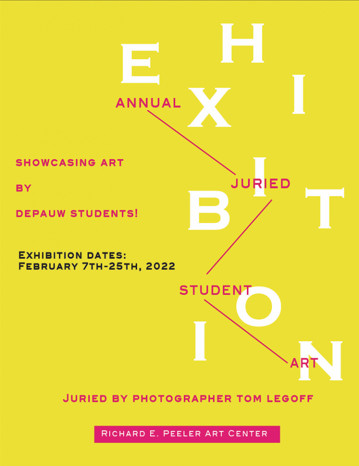 Yellow image that advertises the 2022 DePauw Juried Student Exhibit