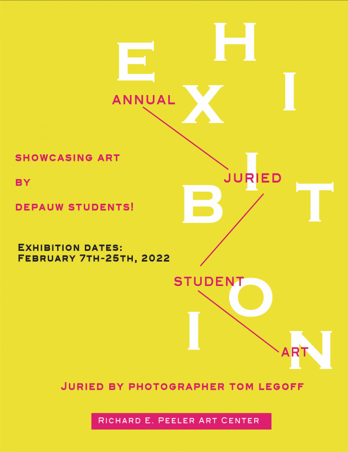 Yellow flyer that advertises the 2022 DePauw Juried Student Exhibit