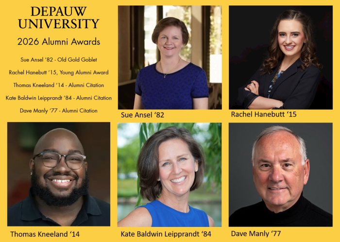 Collage of headshots for the 2026 Alumni Awards which includes Sue Ansel '82, Rachel Hanebutt '15, Thomas Kneeland '14, Kate Baldwin Leipprandt '84, and Dave Manly '77
