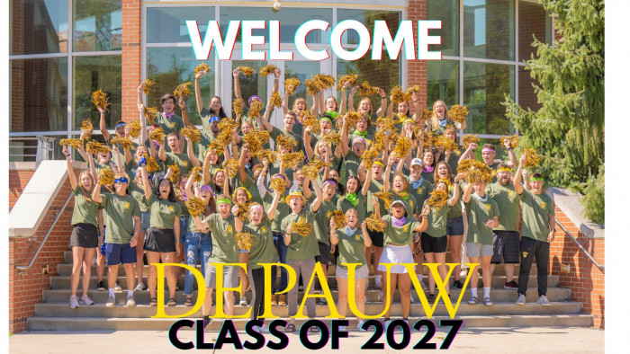 DePauw class of 2027 cheering on the steps of the Green Center