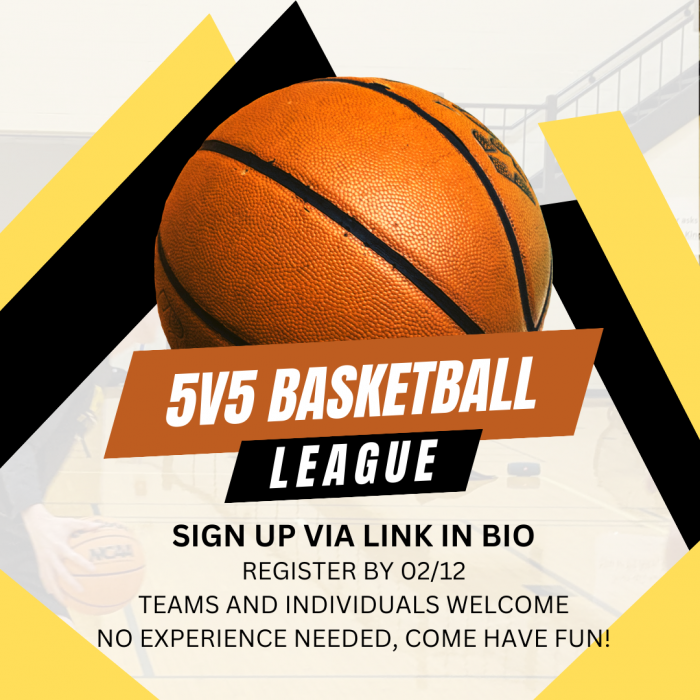 5v5 Basketball League banner requesting signup via link in bio by 2/12/23
