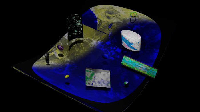 Blue, yellow surface with shapes such as oval, rectangles, and squares in grey, white, black and abstract shapes