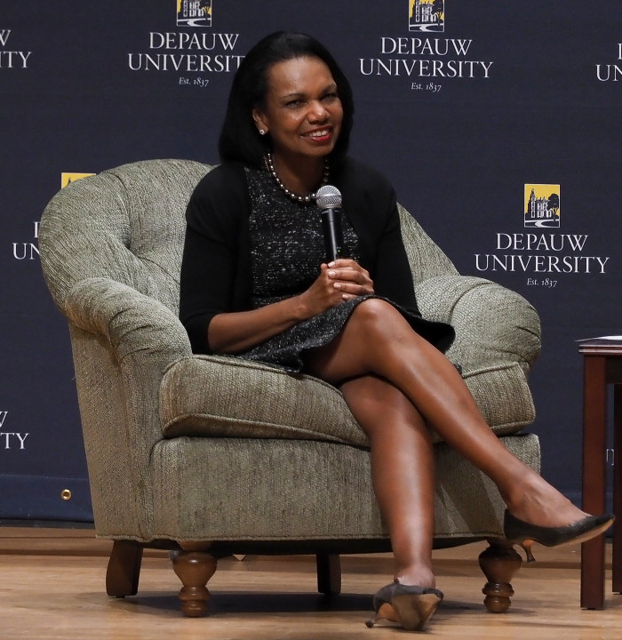Condoleezza Rice with a microphone during the question and answer session