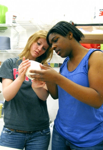 Students examining a research tool
