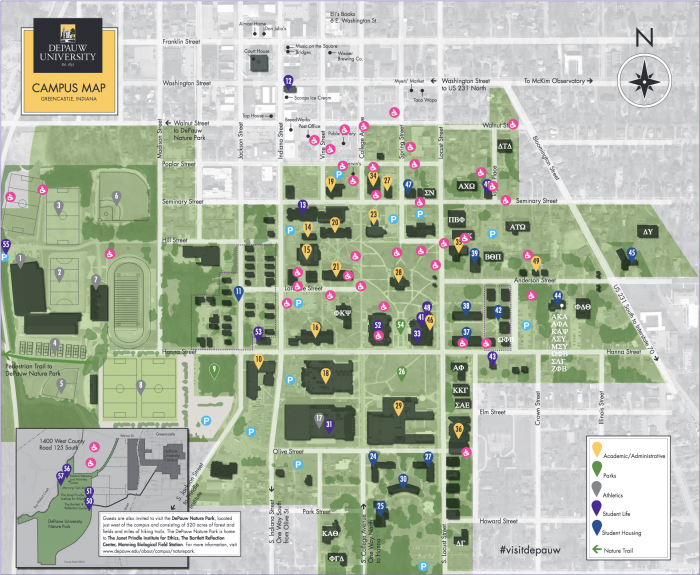 DePauw University Campus Map including Nature Park