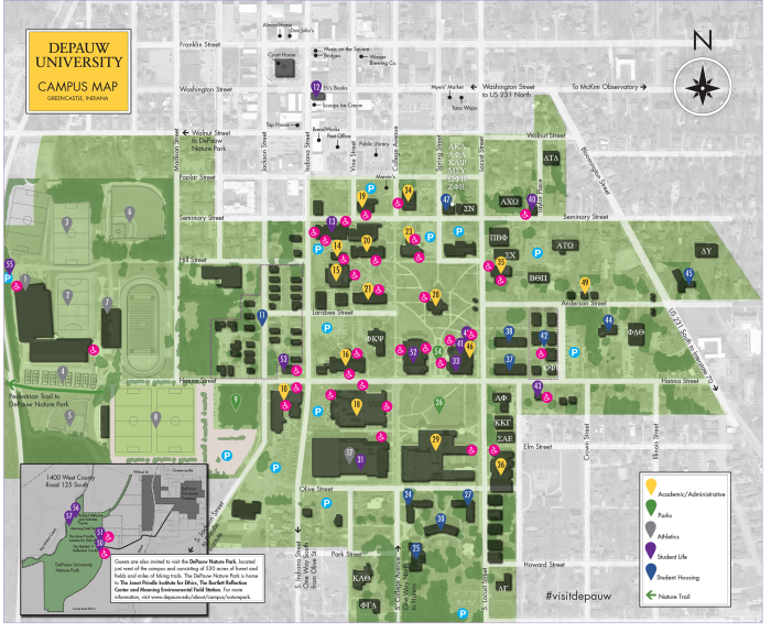 DePauw University Campus Map including Nature Park