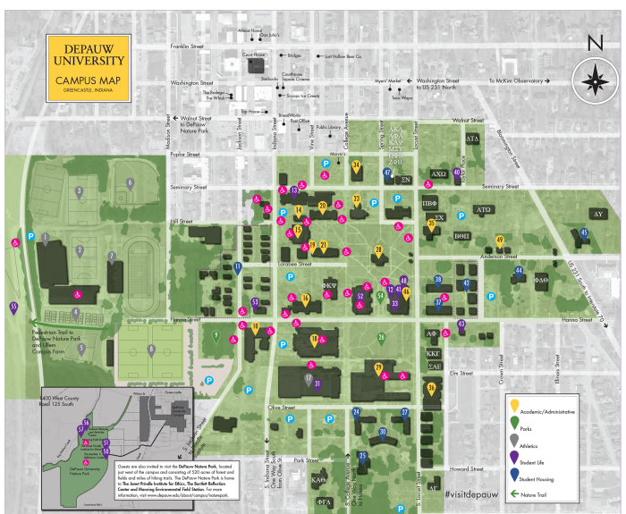 DePauw University Campus Map including Nature Park