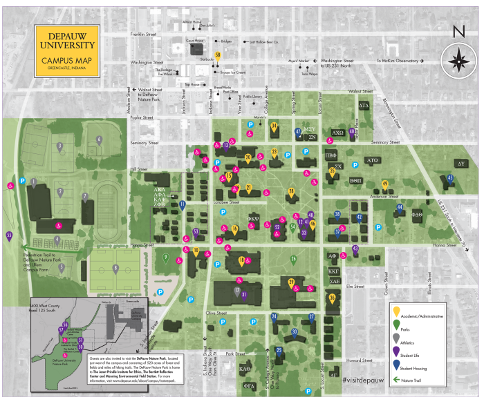 DePauw University Campus Map including Nature Park
