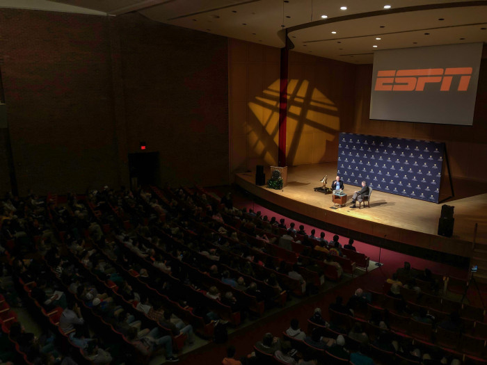 Upper view inside Kresge of Bill Rasmussen and the crowd in attendance