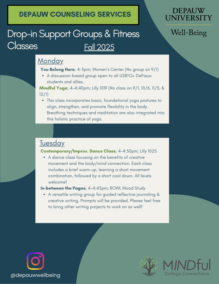 Drop-in support groups and fitness classes fall 2025 Monday and Tuesday schedule