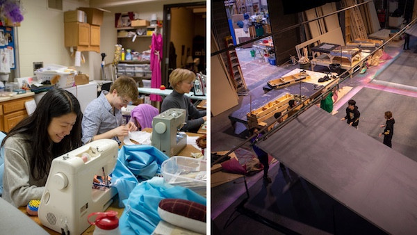 Students sewing costumes and working on the set for the production of Massenet’s “Cinderella.”