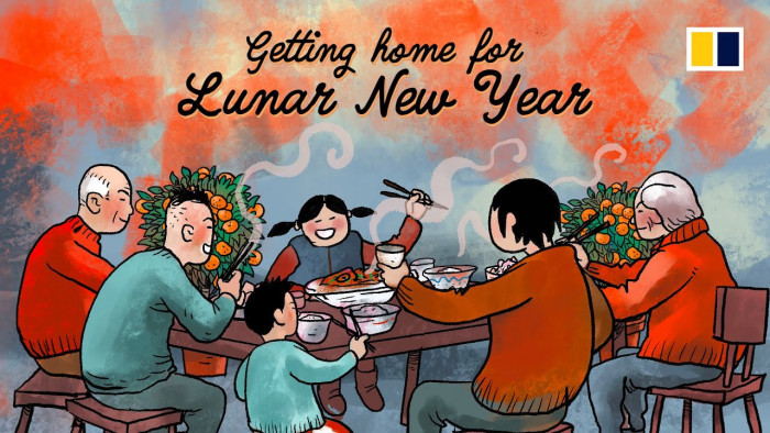 Drawing of a family celebrating a Lunar New Year meal