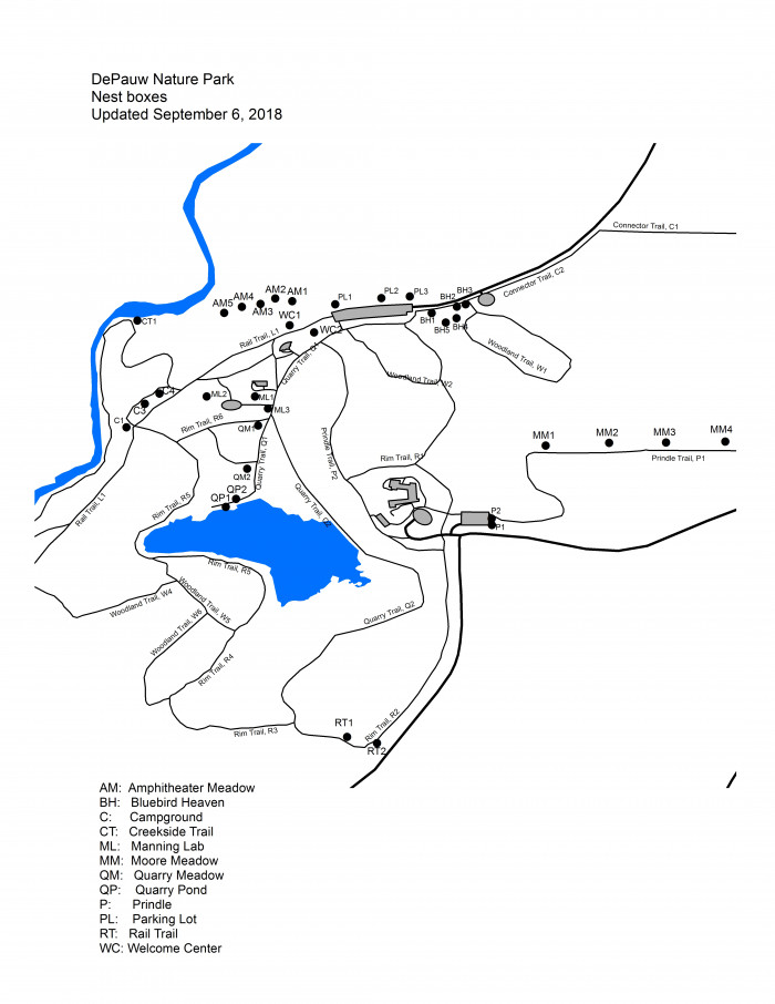 DePauw Nature Park map with nest boxes marked