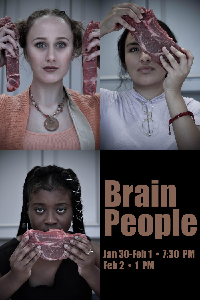 Three woman stand separately holding chunks of meat. A woman in orange holds meat over her ears. A woman in purple holds meat over one eye. A woman in black holds meat over her mouth. Information about the show's dates is included.