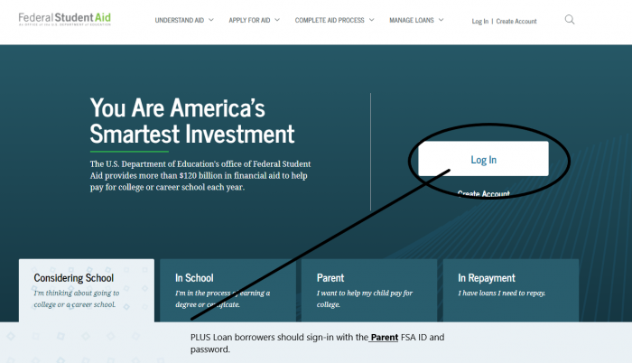 Screenshot of the Federal Student Aid homepage with the Log In button highlighted