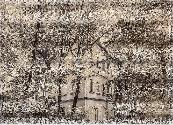 A laser cut pigment print with a house in the background surrounded by trees