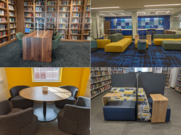 Thumbnail photos of new seating at Roy O. West Library