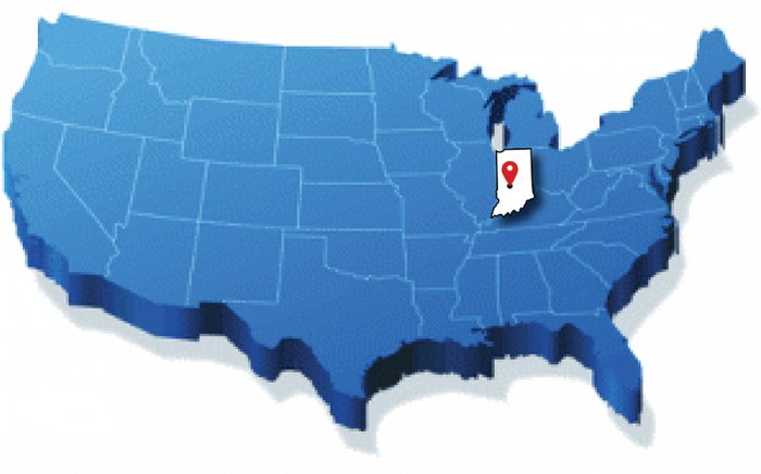 United States map with Indiana highlighted and a pinpoint for DePauw