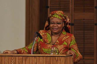 Leymah Gbowee delivering an Ubben Lecture