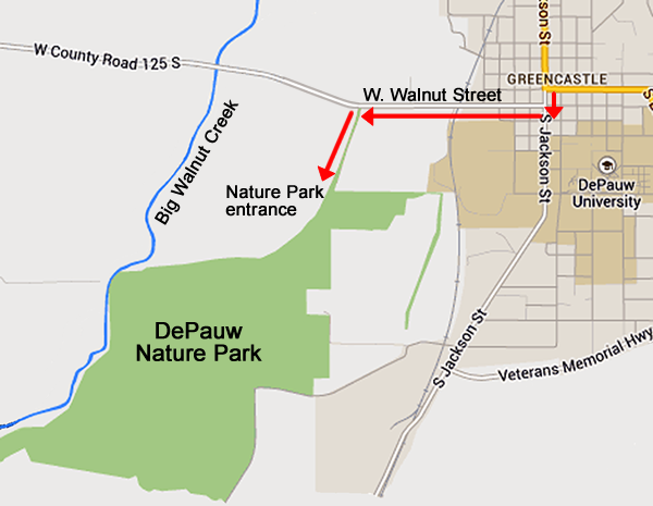 Map of driving directions to the DePauw Nature Park