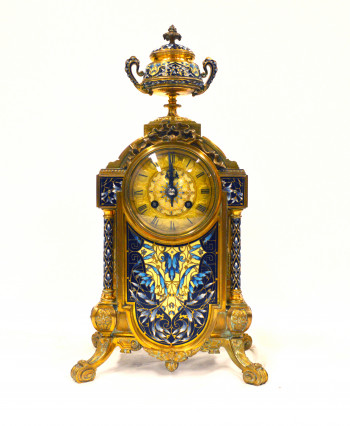 Gold Tiffany clock made of metals, enamel, and porcelain