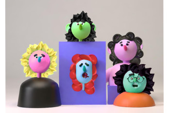 2024 Senior Art featuring five circular figurative objects with circle heads in green, orange, blue, and pink  