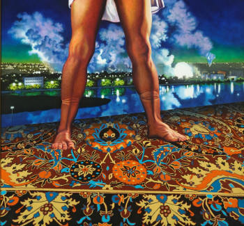 a painting of legs standing on a multi coloring rug and/or carpet with a city in the distance