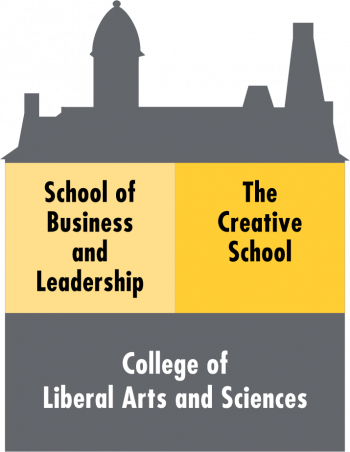 East College with three sections labeled: School of Business and Leadership, The Creative School, and College of Liberal Arts and Sciences