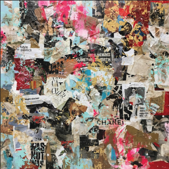 A photo of #53 which is Found material, acrylic, graphite, ink, spray enamel, and latex on panel