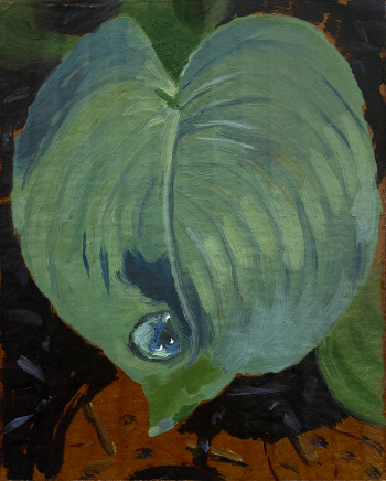 painted green leaf with a puddle of water towards the tip