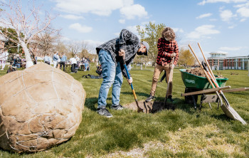 Students working at the Campus Farm