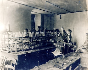 19th Century students in DePauw laboratory