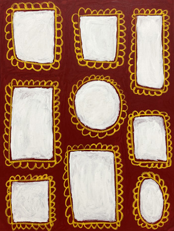 Painting of geometric shapes with brown background, shapes filled in with white with yellowish design around each of them