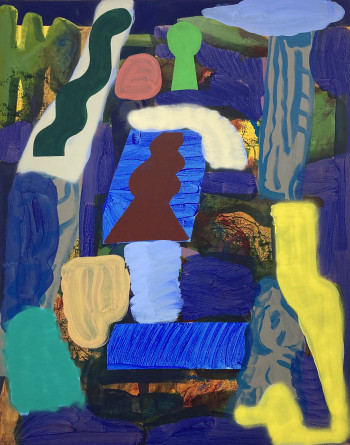 A painting with abstract shapes with colors yellow, blue, dark green, light blue, orange, etc.