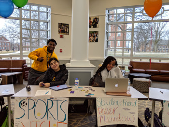 DePauw Service Coordinators Three student coordinators at the Spring 2019 service fair recruiting volunteers for their respective programs