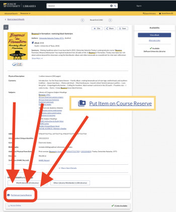 screenshot of reserves page with arrows pointing to the button to click to request reserves materials
