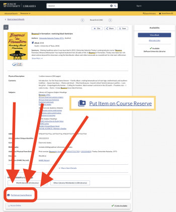 How-to Request Reserves Materials screenshot of reserves page with arrows pointing to the button to click to request reserves materials