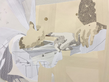 A beige, white, gray, and black mixed media draw with two hands 
