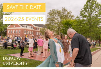 Save the date 2025 banner featuring alumni laughing at an event