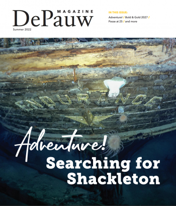 DePauw Magazine - Falklands Maritime Heritage Trust and National Geographic Caption - The stern of the Endurance with the name and emblematic polestar - Title "Adventure! Searching for Shackleton"